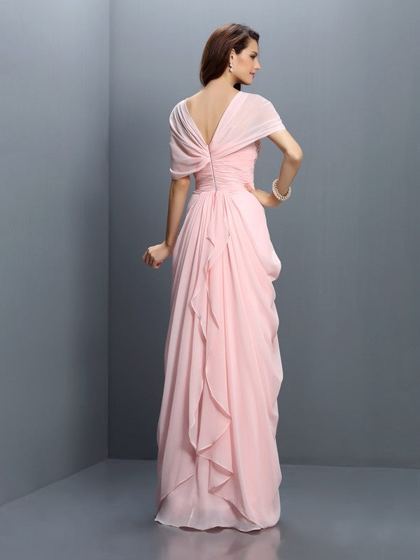 Wholesale A-Line/Princess Sweetheart Pleats Short Sleeves Long Chiffon Bridesmaid Dresses